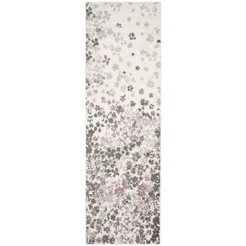 Tapis ivoire / gris / mauve à motif floral Makeba, Tapis de couloir 2 pi 6 po x 12 pi