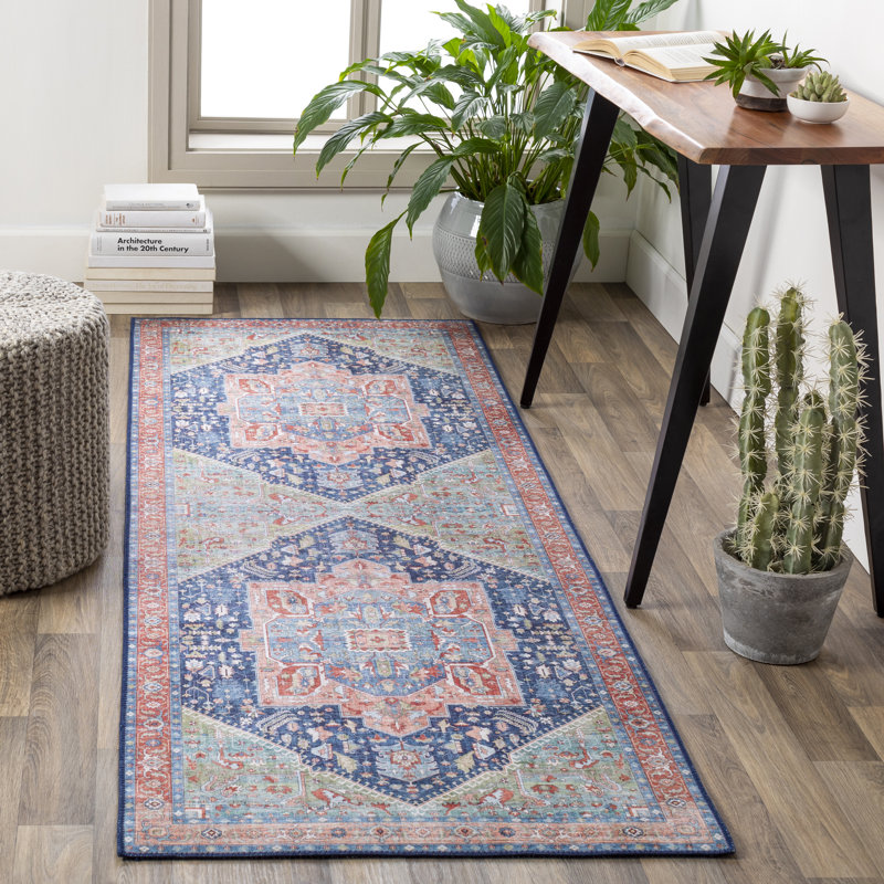 Tapis bleu marine / pêche Fleckenstein, Rectangle 2 pi 3 po x 3 pi 9 po