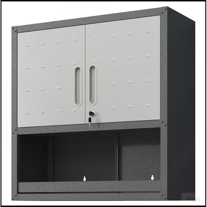 Armoire de rangement murale en métal avec porte verrouillable et 1 tablette 1 tiroir ouvert pour garage, entrepôt, assemblage requis