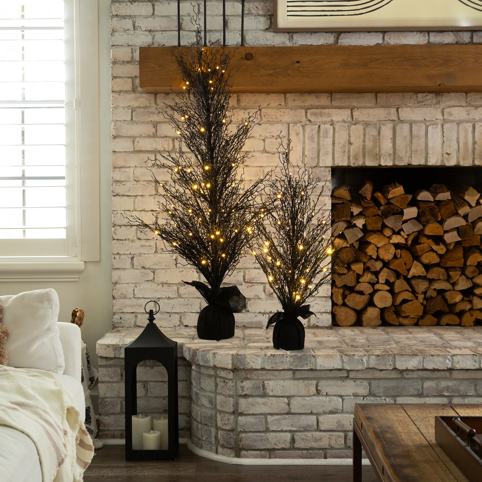 Pre-Lit Halloween Black Twig Artificial Fall Tree in Burlap Planter, 60" H x 24" W x 24" D