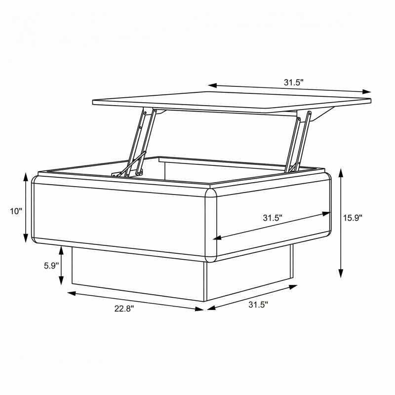 Table basse à plateau relevable de 31 pouces pour le salon, table centrale carrée moderne avec compartiment de rangement dissimulé, mécanisme de levage réglable en hauteur pour les collations de travail et de détente