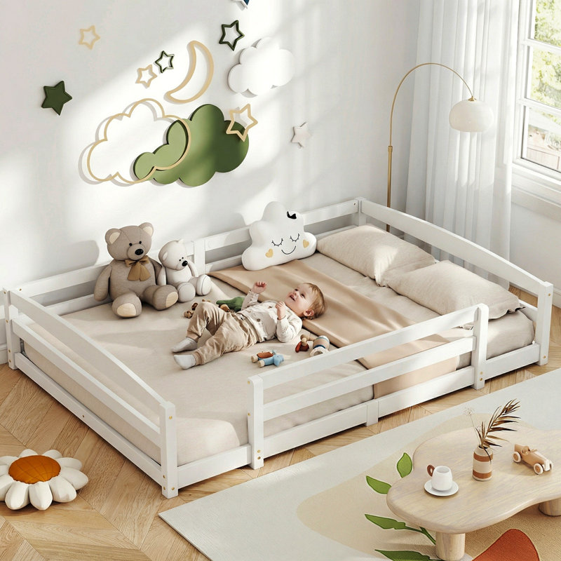 Montessori Toddler Floor Bed With Dual Open Doors & Safety Rails, Wooden Kids Bed Frame, Toddler Floor Bed For Boys Girls