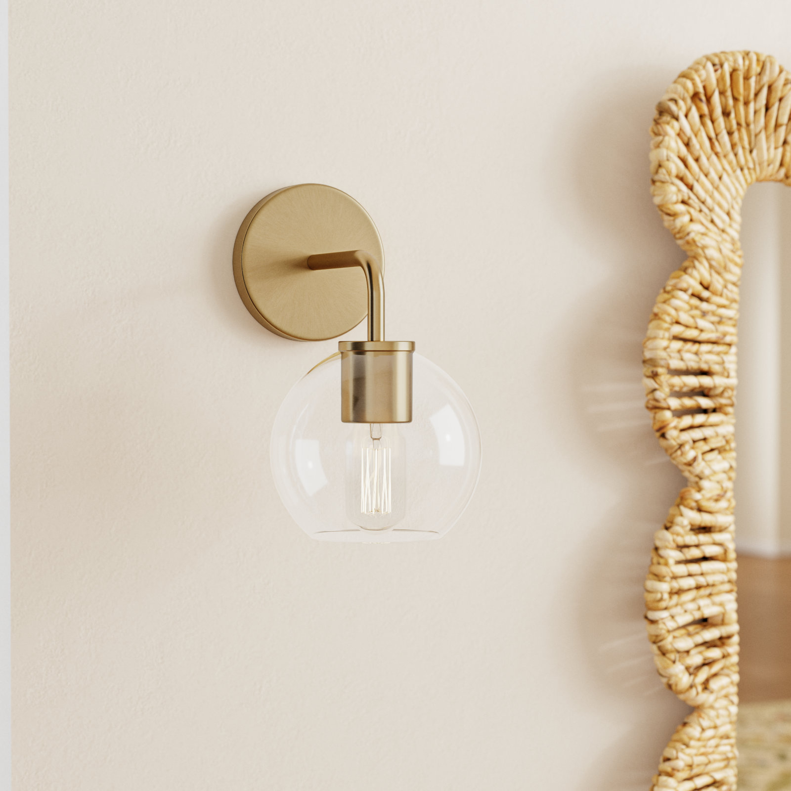Childerley Single Light Glass Dimmable Armed Sconce, Satin Brass, Clear