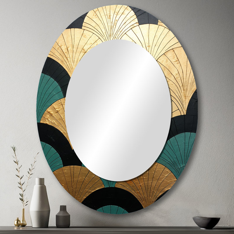 Emerald And Golden Arches - Gold Modern Oval Wall Mirror, 43" x 33"