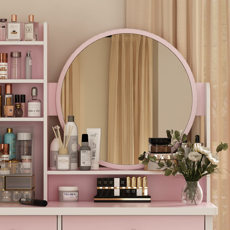 Ensemble de coiffeuse 5 tiroirs avec miroir sur pied et tabouret , Rose
