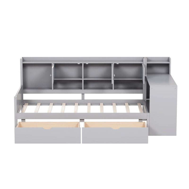 Twin Daybed With 3 Cabinets, 2 Drawers, Adjustable Study Desk And Shelf - Wood For Reliable Performance Gray Storage Bookshelf Ideal Office Or Guest Space