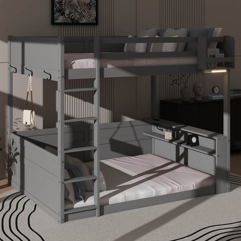 Queen Size Bunk Bed With Integrated Shelves, Storage Space, LED Lighting, And USB Port, Gray