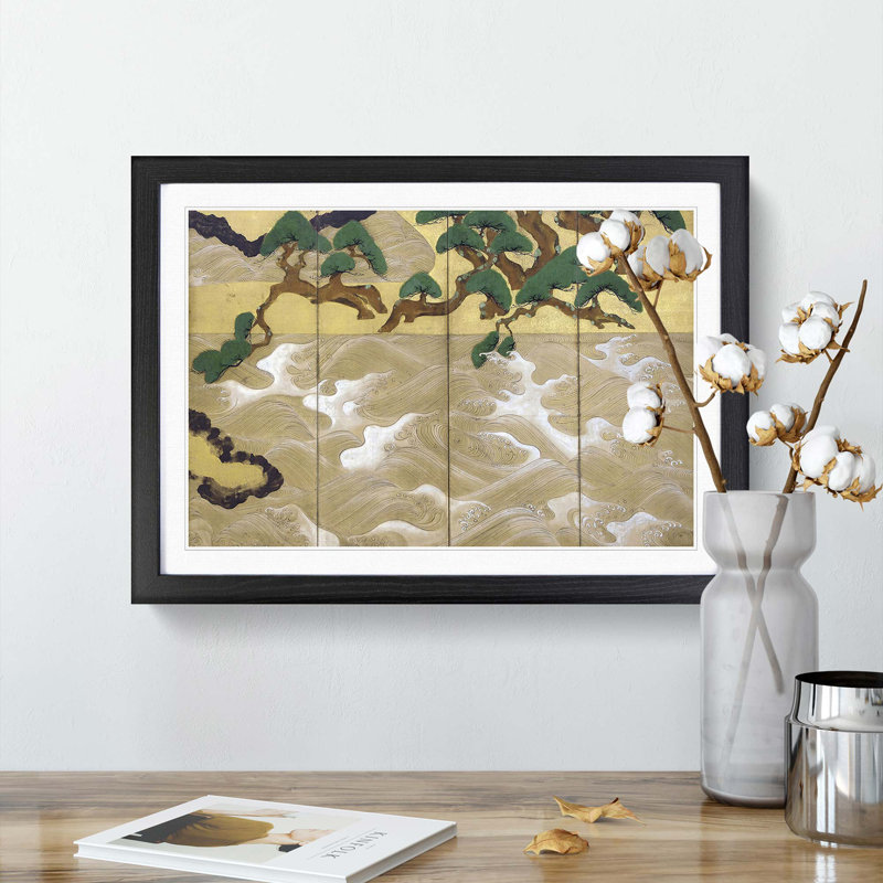 Waves at Matsushima by Tawaraya Sotatsu - Picture Frame Painting Print, 48cm H x 65cm W x 2cm D, Black Framed