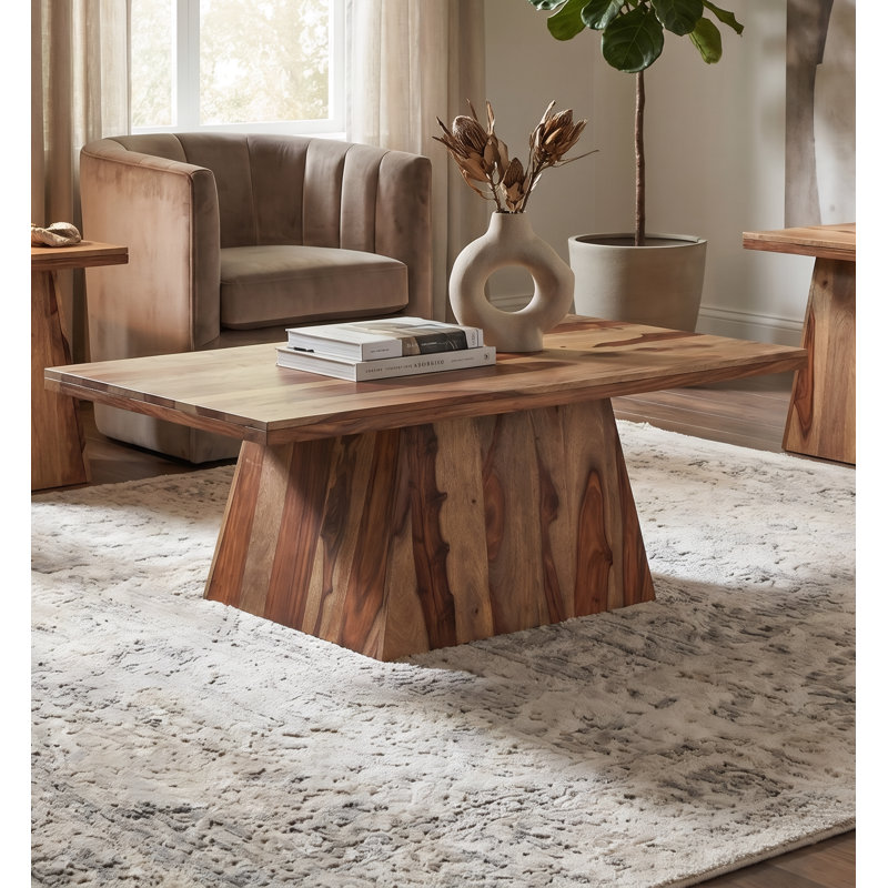Solid Sheesham Wood Coffee Table with Angular Pedestal Base, Nutmeg Brown