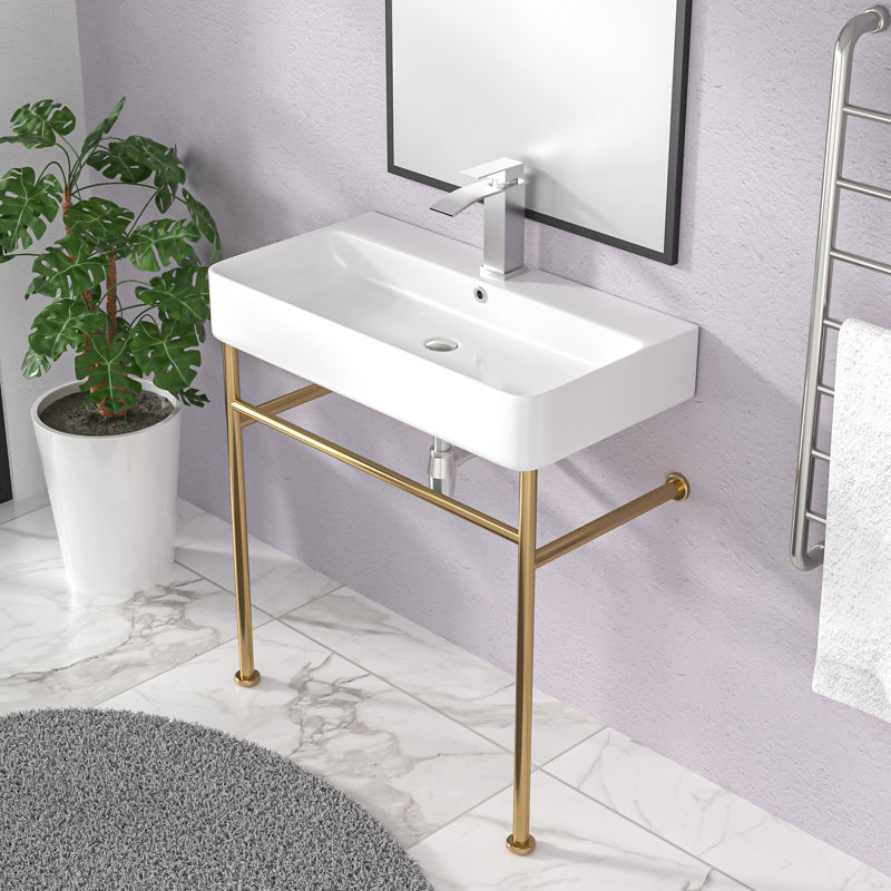 White&Gold Ceramic Rectangular Bathroom Console Sink with Overflow Hole, 16.3" H x 36" W x 31.5" D, White/Gold