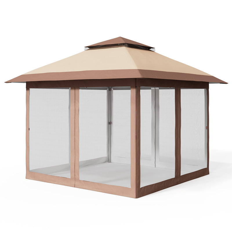 10x10 Gazebo with Mosquito Net & Curtains - Waterproof Canopy with Adjustable Height & Wheels, Brown