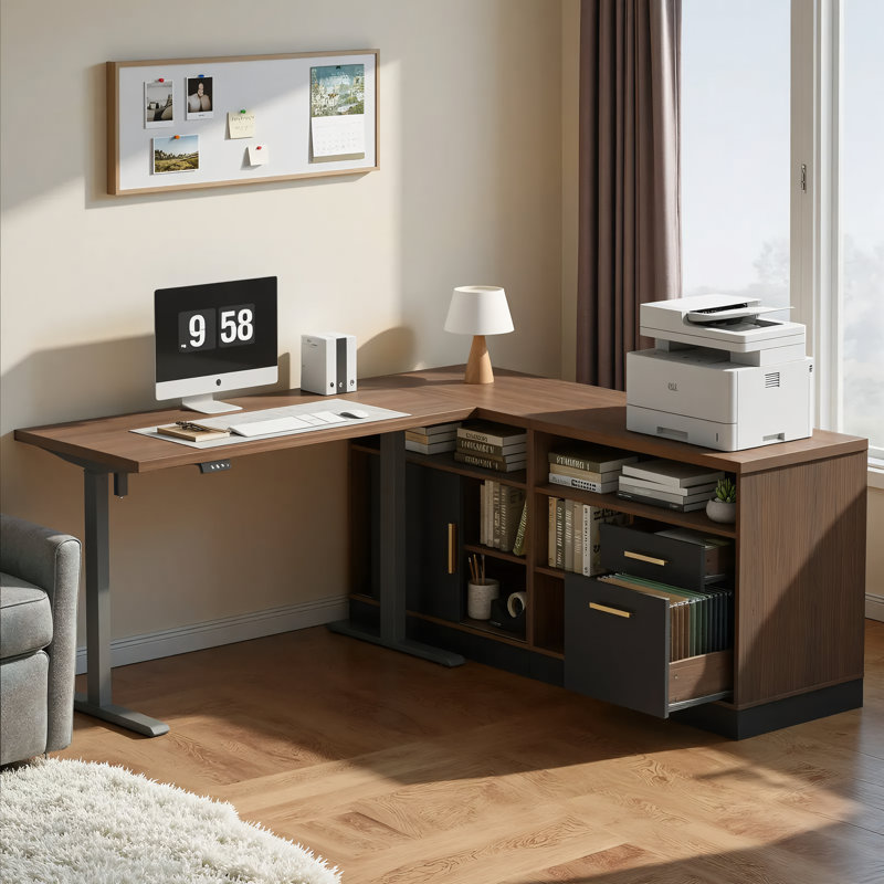 Bureau debout réglable en forme de L de 67 po avec 2 classeurs, AC / USB et bureau assis-debout Adonia, Noyer noir / noir