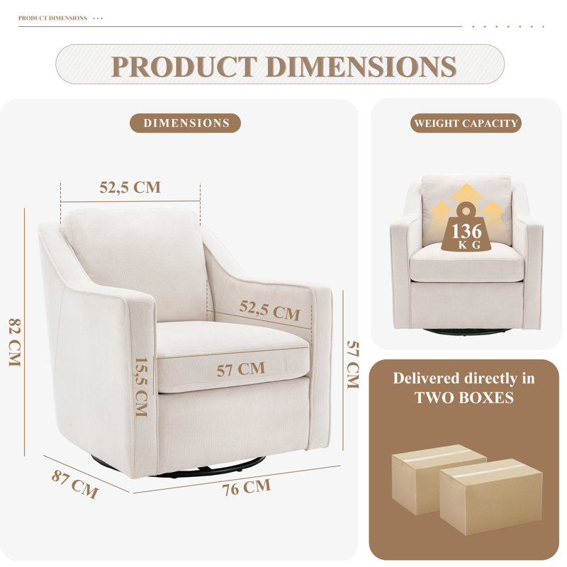 Modern Swivel Armchair W/ Removable Cushions, 360° Rotation & Thick Padding for Living Room, Beige