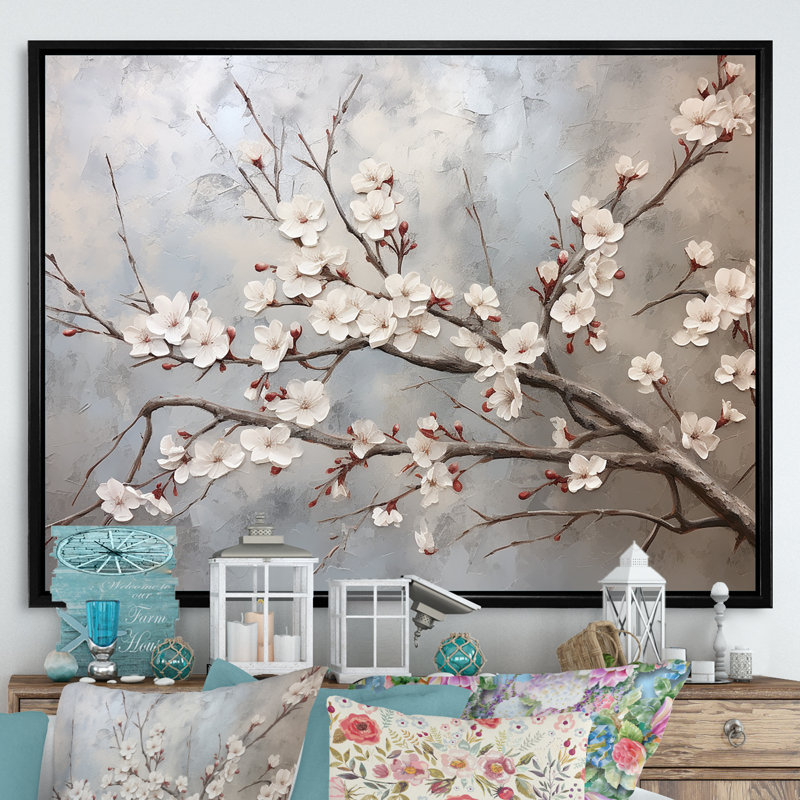 Fleur de cerisier minimaliste gris et beige I - art mural Cherry Blossom, H 16 po x l 32 po x P 1 po, Cadre flottant noir