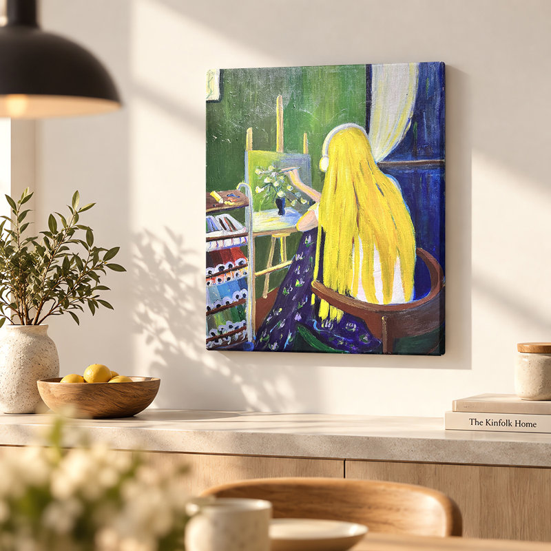 Toile murale « Fille à la coiffeuse », H 14 po x l 11 po, Toile tendue avec châssis