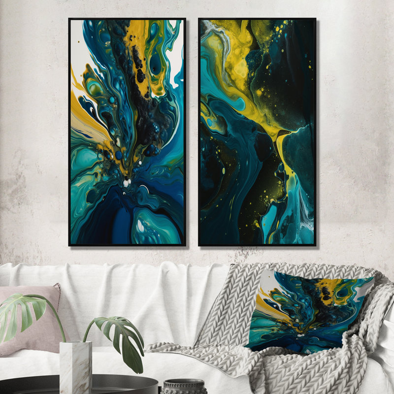 «Teal and Yellow Liquide Dreams», 2 pièces sur toile, Cadre noir, H 32 po x l 32 po