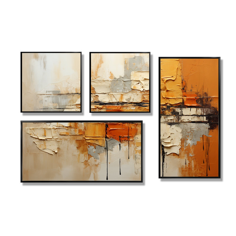 Orange Impressions III - Collages abstraits, art mural 4 pièces, Noir, Impression encadrée sans passe-partout