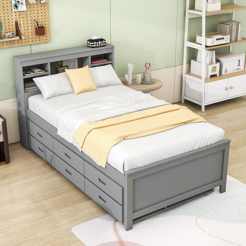 Lit plateforme en bois avec tête de lit intégrée, ports USB, lit gigogne simple et tiroirs, Gris, Simple