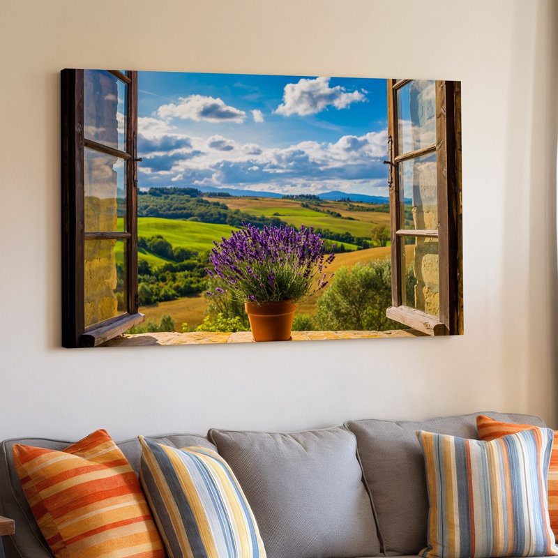 Toile une scène pittoresque d'une fenêtre rustique encadrée par un art mural en bois, H 18 po x l 24 po
