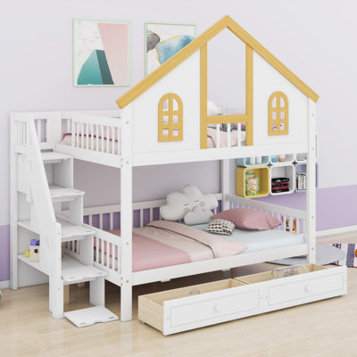 Wooden Bunk Bed House Design with Roof Door Window Storage Drawers and Staircase