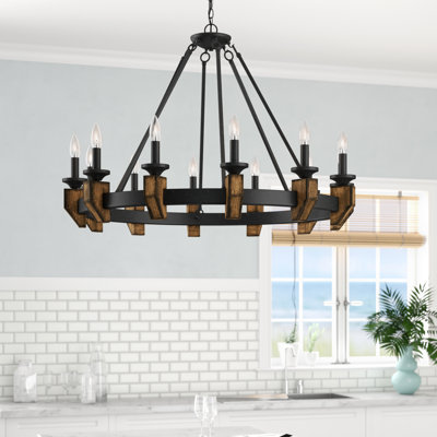 Lustre en roue de chariot à 12 lumières avec détails en bois Geraghty