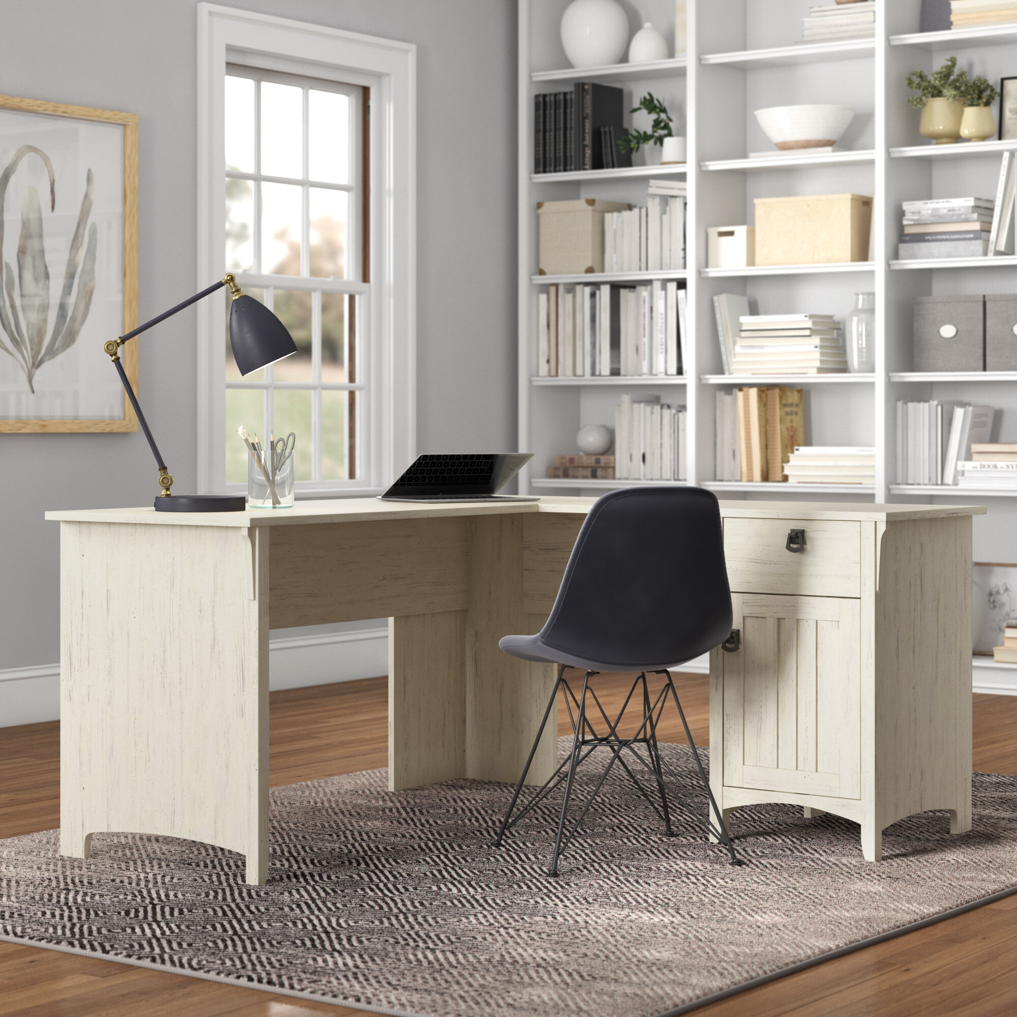 Koopman L-Shaped Home Office Computer Desk with Storage Cabinet, Farmhouse Office Table for Writing Study Steelside Color: Rustic Brown