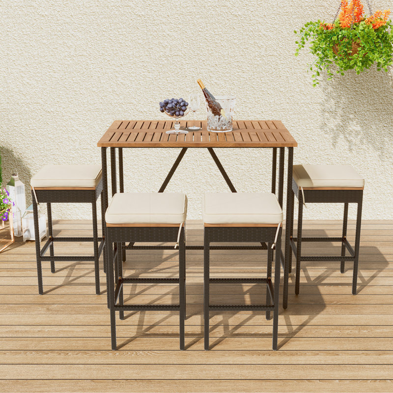 Ensemble de salle à manger 5 pièces à hauteur de bar en bois d'acacia avec tabourets, plateau pliable et ensemble de salle à manger en osier toutes saisons
