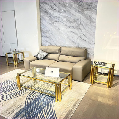 Ensemble de 3 tables basses de style industriel en acier inoxydable, verre transparent double couche, facile à nettoyer et amp; Gain de place pour le salon