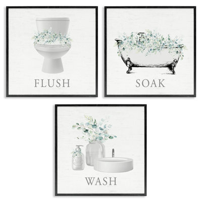«Bathroom Rules with Eucalyptus», ensemble de 3 impressions giclées encadrées, dessinées par lettres et doublées