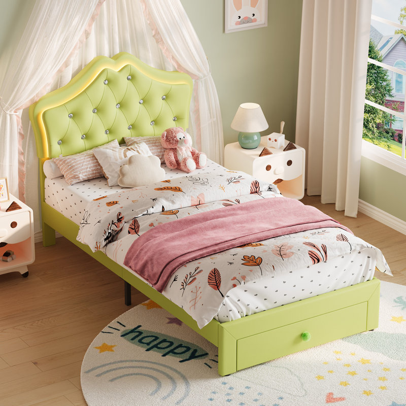 Twin Size Upholstered Princess Bed Frame with LED Lights and Storage Drawer, Faux Leather Platform Bed, Green
