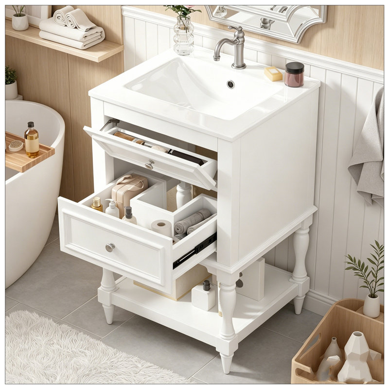 Meuble-lavabo avec lavabo en céramique, tablette ouverte et 2 tiroirs, White