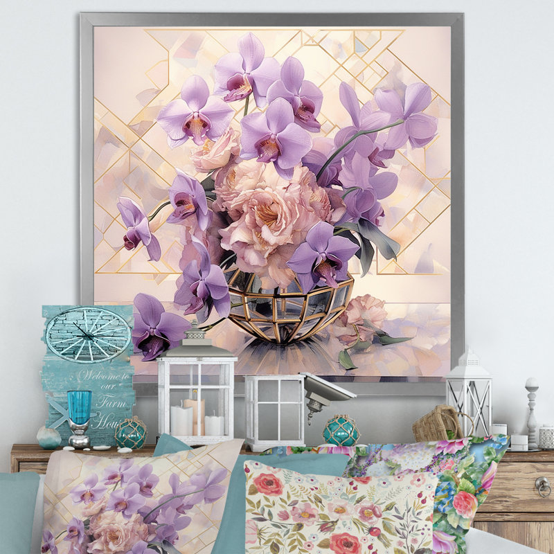 Élégante géométrie mauve Bouquet I - impression, Cadre simple argenté, H 30 po x l 30 po x P 1 po