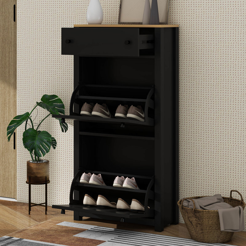 Rangement fonctionnel pour hall d'entrée avec 2 tiroirs rabattables, armoire à chaussures à motif grain de bois avec tiroir