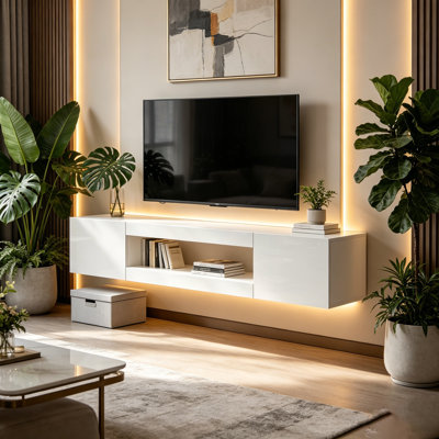70'' Modern High-Gloss Floating TV Stand, Wall Mounted Media Console with Soft-Close Cabinets & Cable Management