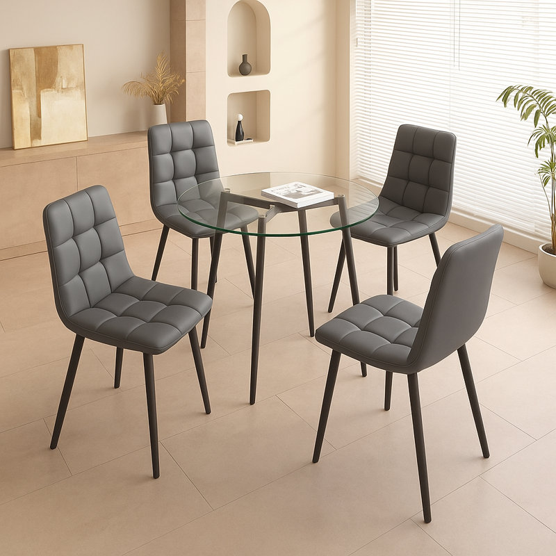 Ensemble de salle à manger 5 pièces rond avec table en verre et 4 chaises rembourrées, assise en similicuir moderne et pieds en métal
