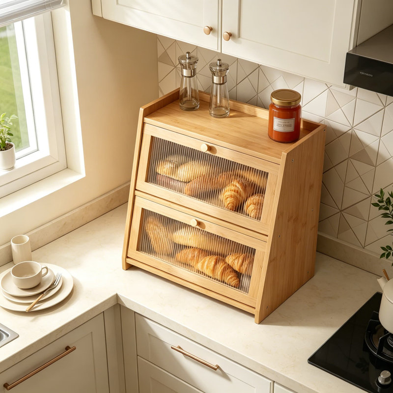 Large Bread Box for Kitchen Counter with Cutting Board, 2-Tier Bamboo Bread Storage Bin with Acrylic Wavy Door Panel