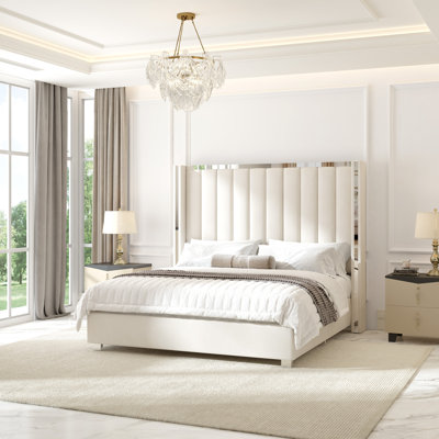 Gerasim Queen Bed Frame with 57" Tall Headboard, Velvet Upholstered Platform Bed, Cream
