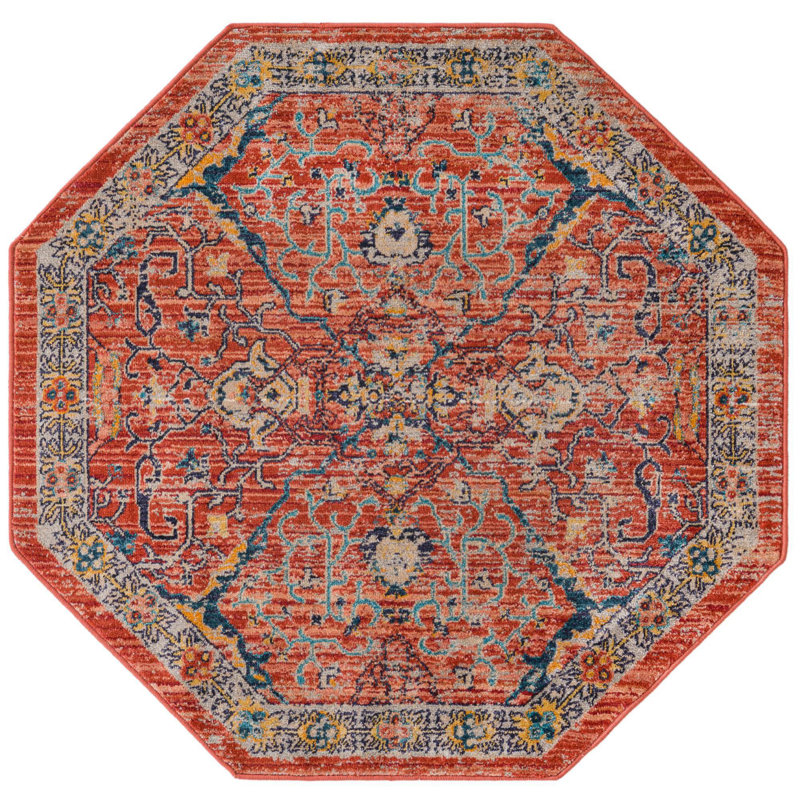 Tapis traditionnel Opel rouge brique / orange, Octogone 3 pi 11 po