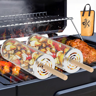 2PCS Rolling Grill Baskets For Outdoor Grill Vegetables, BBQ Blanket For Resting Meat Removable Wooden Handle 304 Stainless Steel, BBQ Accessories Gifts For Men Dad Husband