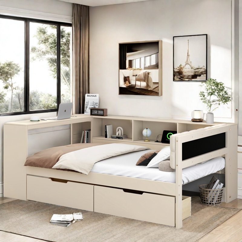 Lit moderne avec tablettes de rangement, 2 tiroirs, station de charge, bureau d'étude et tête de lit tapissier, Double