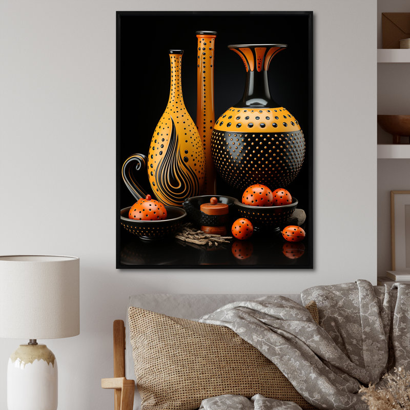 Boho Pottery Garden I - Boho Pottery, art mural, H 32 po x l 24 po x P 1 po, Cadre flottant noir