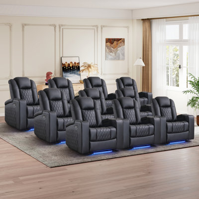Fauteuil de cinéma maison inclinable électrique en similicuir de 34,6 po de largeur avec rangement pour accoudoirs, deux porte-gobelets, port de charge USB et éclairage ambiant