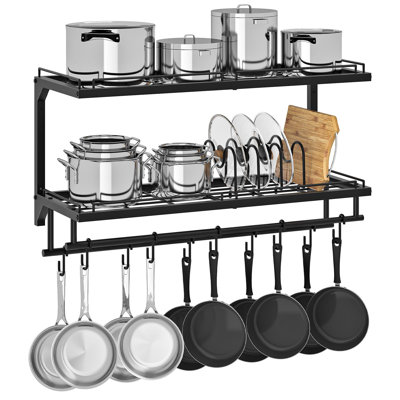 Wall Mounted Pan Holder, 2-Tier Pot and Pan Organizer,with 10 S-Shaped Hooks, Cookware Organizer with 5 Removable Metal Wire Dividers, Black