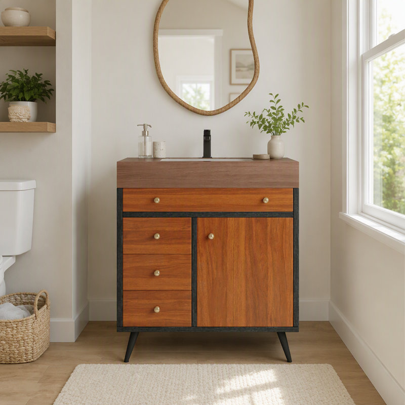 Meuble-lavabo autoportant moderne avec lavabo en céramique et plateau en pierre frittée, Walnut