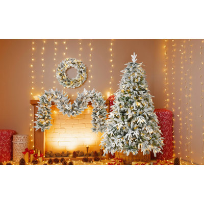Ensemble de 3 pièces de Noël enneigées enneigées: arbre, avec 370 lumières DEL jaunes chaudes pour s'amuser en famille dans la neige Décor: lumières, météo - Structure