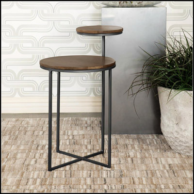Table d'appoint naturelle et bronze à 2 niveaux avec bois de manguier écologique, parfaite pour les espaces compacts et les décors élégants