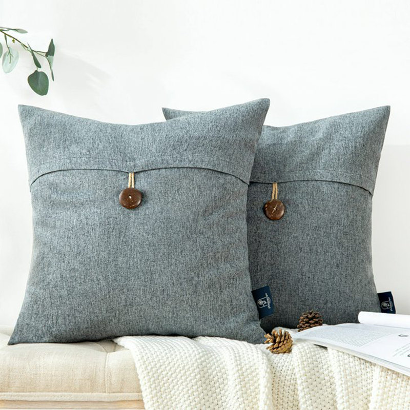 Housse de coussin texturé carré texturé 20 po avec boutons, Dark Grey, Carré 20 po, Pillow Cover Only - No Insert