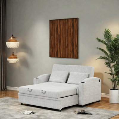 Canapé-lit escamotable avec dossier réglable, tissu chenille, 2 ports de chargement USB, porte-gobelets et 2 coussins décoratifs amovibles - causeuse compacte