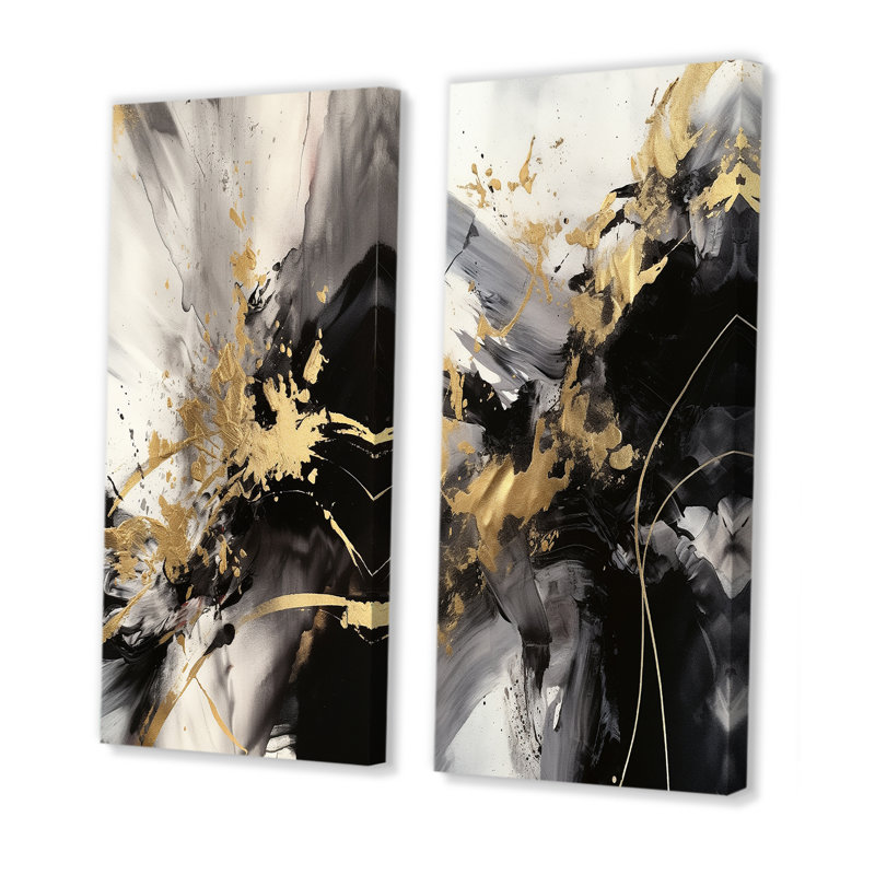 Or et gris fluides fusion II - ensemble d'art mural abstrait de 2 pièces, H 40 po x l 40 po, Toile tendue