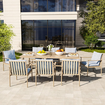9-Piece Outdoor Dining Set For 8, Aluminum Patio Rectangular Dining Table With Umbrella Hole